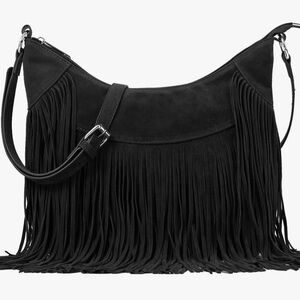 NWT, Sunwel Fashion, Black Hobo Bag/ Crossbody With Fringe, Vegan Suede
